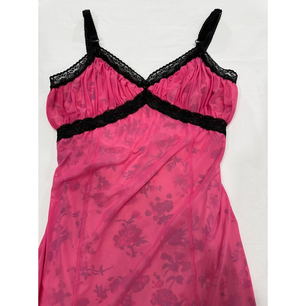 Urban Outfitters Pink Mesh Floral Midi Dress Black Lace Trim Empire Waist Large